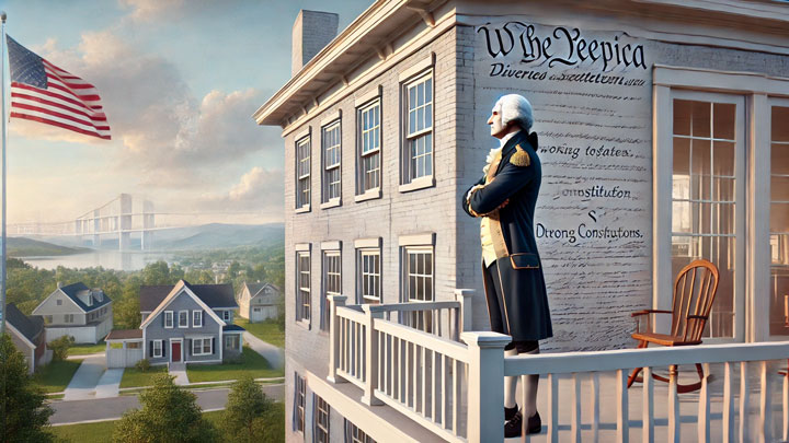 Washington on the balcony of a white house, looking toward the horizon, his mind envisioning a united America.