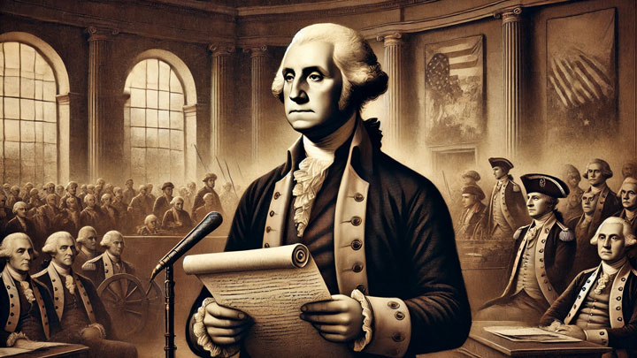 Washington before Congress, gripping a parchment with a composed face, past battles faintly visible in the background.