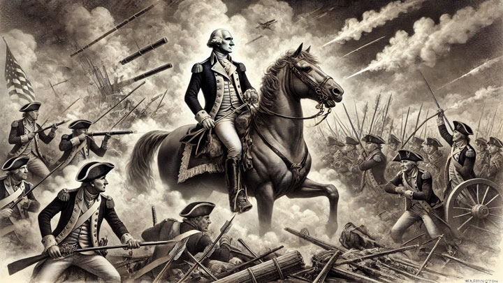 George Washington calmly seated on horseback in the midst of battle, steady and composed as cannon smoke fills the air.
