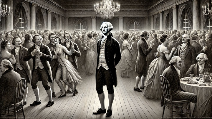 Washington in a grand hall, reserved amid a celebration, reflecting his serious, focused nature.