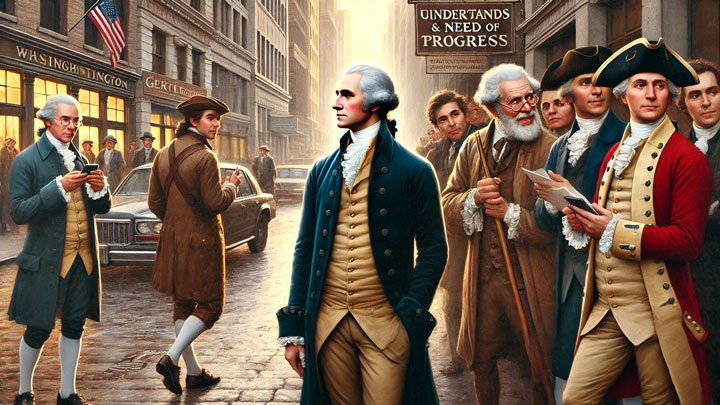Washington walking through a city street, observing discussions and progress, while holding onto the traditions of the nation