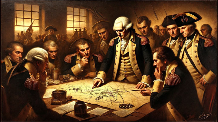 Washington reviewing a battle plan, adjusting details with precision, generals standing by, symbolizing his pursuit of excellence.