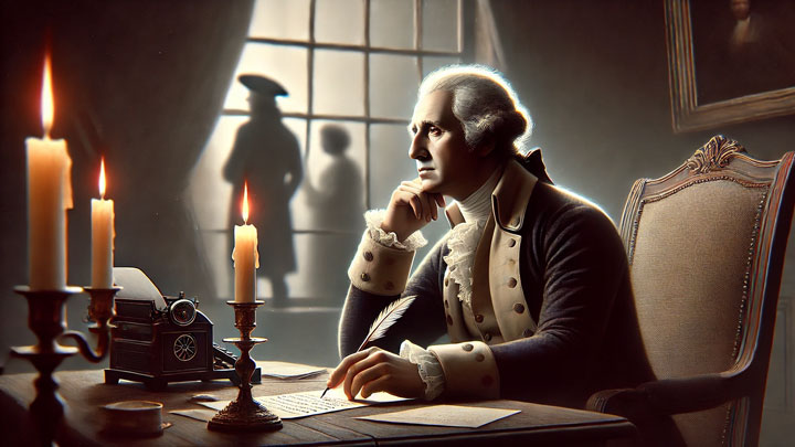 Washington sitting in a study, staring out a window, with a letter he never sends, his reserved demeanor reflected in his surroundings.