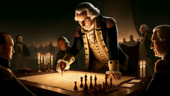 George Washington at a table, studying a battle map with chess pieces, generals watching in admiration.