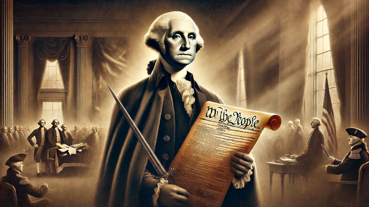 George Washington demonstrating rule-consciousness as he holds the U.S. Constitution, symbolizing law, order, and justice.