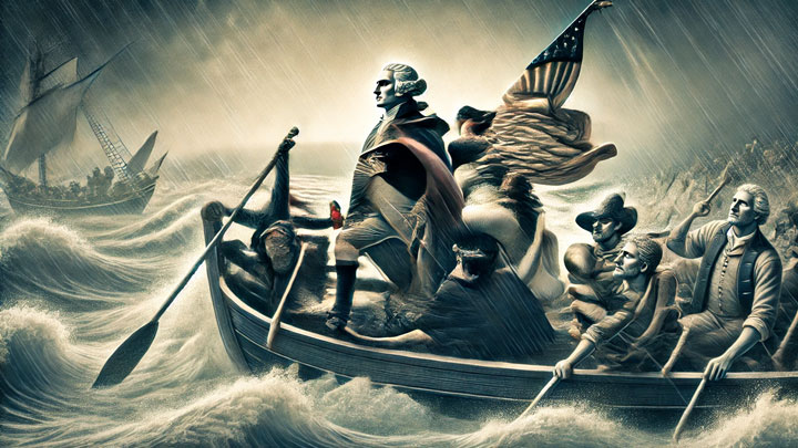Washington at the helm of a small boat, navigating stormy waters, firm and self-reliant as the crew looks on for guidance.