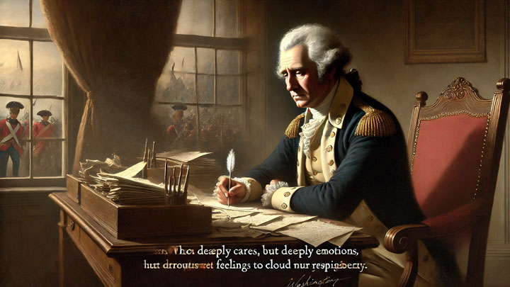 Washington sitting at his desk, reviewing letters with a serious expression, conveying concern but guided by logic and responsibility.