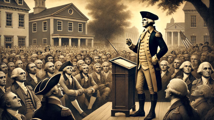 Washington stands in a town square, addressing a crowd with a composed, firm posture, inspiring respect through wisdom.