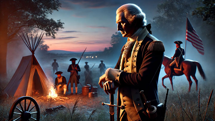 Washington stands on a hill at dusk, gripping his sword, with campfires in the background illuminating his burden of leadership.