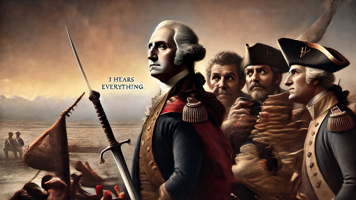 Washington standing at the edge of a battlefield, vigilant and cautious, with a calculating gaze and advisors whispering nearby.