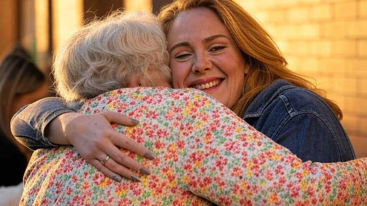 Adele warmly embraces a fan outside a venue, showing deep emotional openness and heartfelt connection.