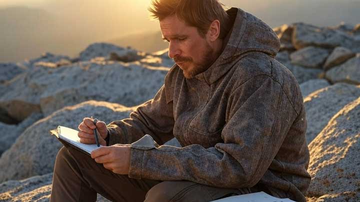 Christian Bale writes in solitude outdoors, immersed in abstract thoughts and character development.