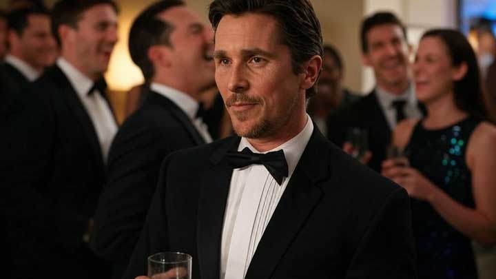 Christian Bale stays composed at a party, revealing his low liveliness and preference for solitude.