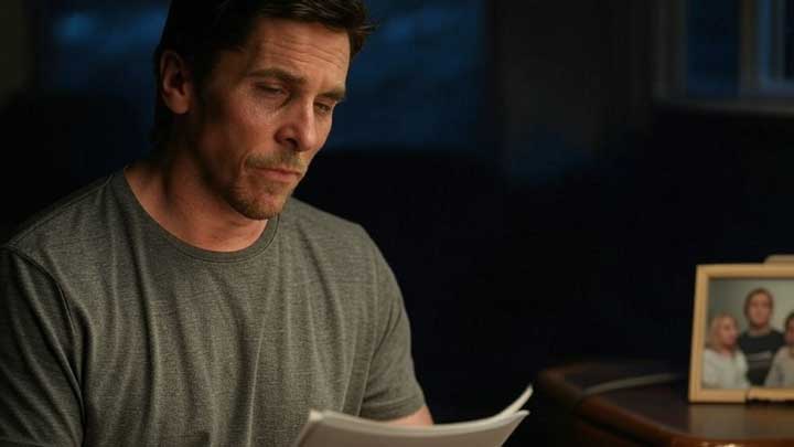 Bale sits alone after a scene, emotionally moved, reflecting his deep artistic sensitivity.