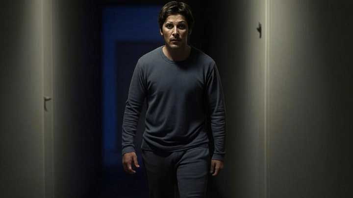 Christian Bale paces restlessly at night, radiating internal tension and artistic pressure.