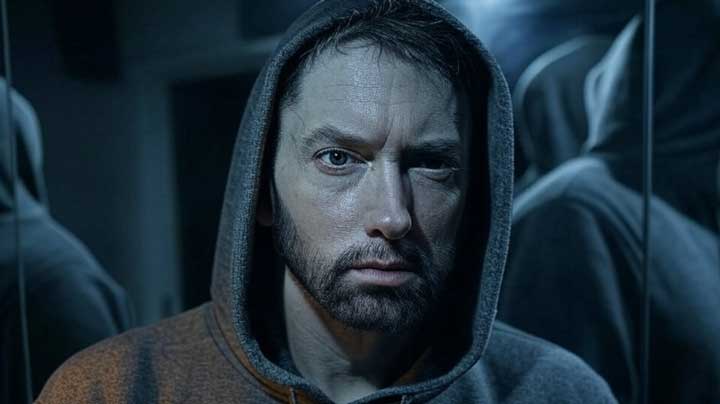 Eminem replays a verse in doubt, revealing intense self-criticism and deep inner apprehension.