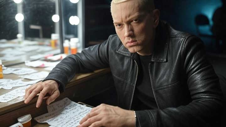 Eminem faces the mirror with tension and self-doubt, exposing his emotional volatility and inner battles.