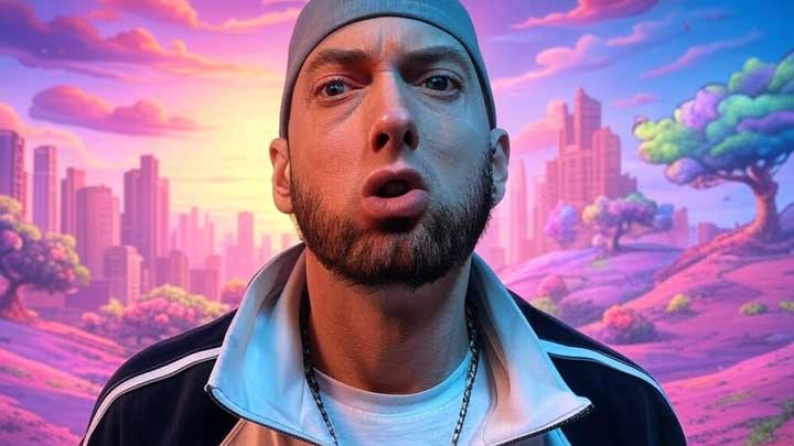 Eminem as Slim Shady animatedly mocks society, blending energetic expression with chaotic lyrical fun.