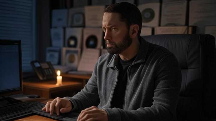 Eminem writes behind closed blinds, protecting his privacy despite global fame and public scrutiny.