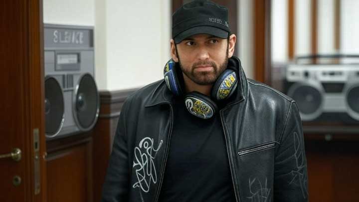 Eminem walks past authority symbols unfazed, embodying rebellion and disregard for conventional rules.