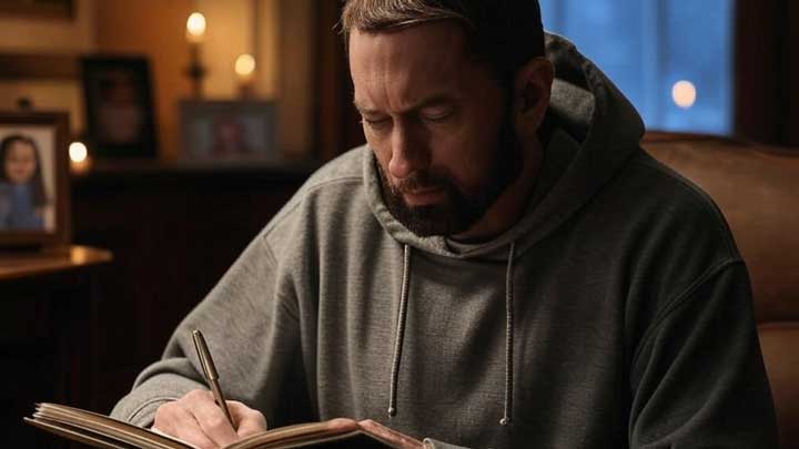 Eminem writes alone, drawing from emotional memories and revealing his deep inner sensitivity.
