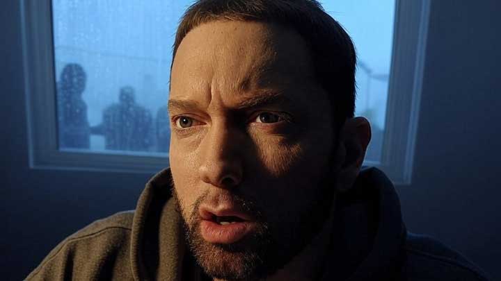 Eminem paces under stormlight, charged with pressure and anxiety, radiating intense inner tension.