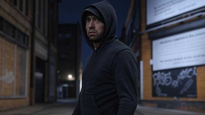 Eminem scans his surroundings cautiously, embodying distrust and emotional vigilance shaped by betrayal.