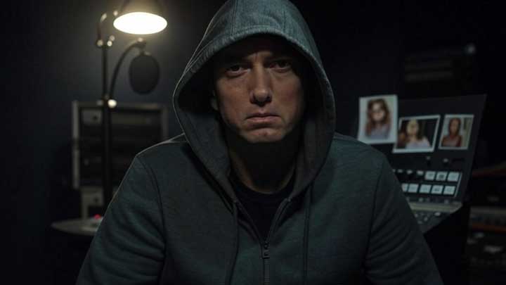 Eminem sits in his studio, reliving a moment with his daughter, reflecting rare emotional warmth beneath his guarded, stoic personality.