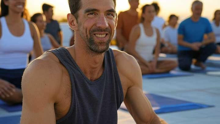 Michael Phelps practices yoga at sunrise, embracing life transitions and change with ease.