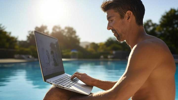 Michael Phelps studies swimming techniques in the sun, showing intense reasoning and analytical focus.