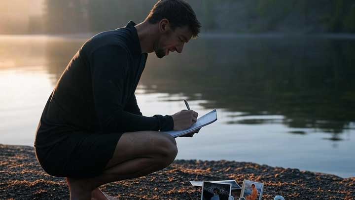 Phelps journals by a lake at dawn, showing emotional depth and sensitive self-reflection.