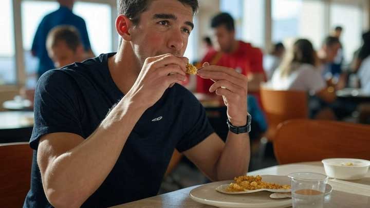 Phelps sits observantly alone, reflecting his guarded trust and high vigilance amid Olympic pressures.