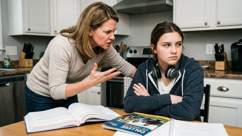 create a image of a parent forcing her opinion on teen